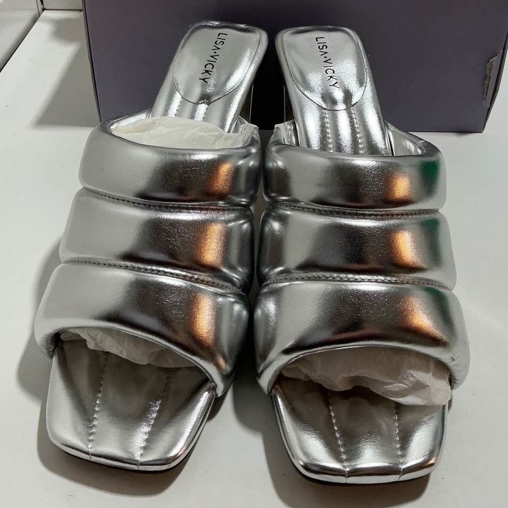 Lisa Vicky Very-V Silver Metallic Puffer Quilted Block Heel Mules Sandals 11M